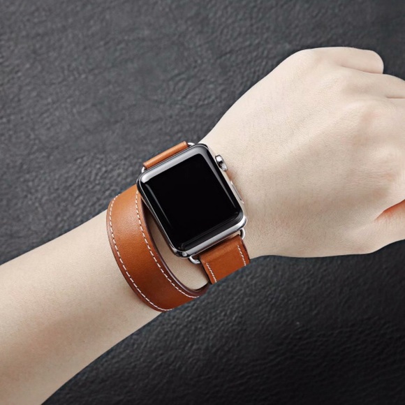 Leather Double Tour Brown Watchband for Apple - Picture 7 of 14